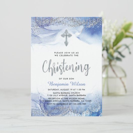 Invitation Bébé d'argent et de bleu (Debout devant)