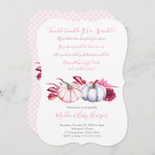 Invitation Bébé d'automne saupoudrer pour fille avec Feuilles (Devant / Derrière)