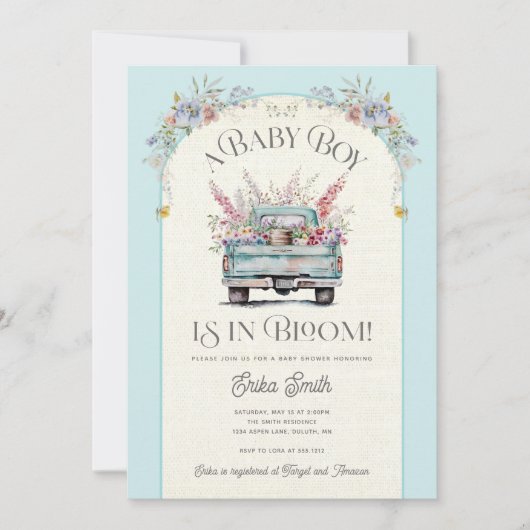 Invitation Bébé de Camion bleu en fleur Baby shower Invitatio (Devant)