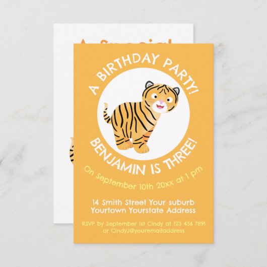 Invitation Bébé de tigre mignon personnalisé anniversaire de (Devant / Derrière)