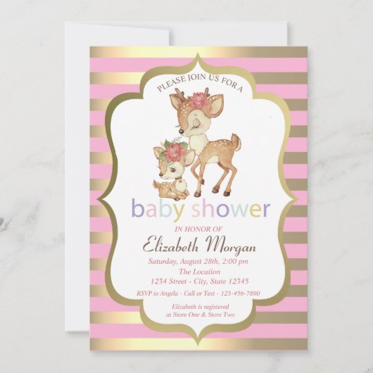 Invitation Bébé Deer Flower Gold Stripe Baby shower (Devant)