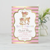 Invitation Bébé Deer Flower Gold Stripe Baby shower (Debout devant)