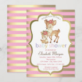 Invitation Bébé Deer Flower Gold Stripe Baby shower (Devant / Derrière)