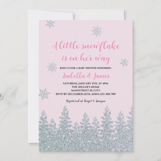 Invitation Bébé d'hiver fille douche Woodland Petit Flocon de (Devant)