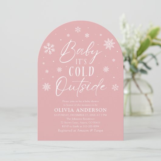 Invitation Bébé d'hiver rose Il fait froid dehors Baby shower (Debout devant)