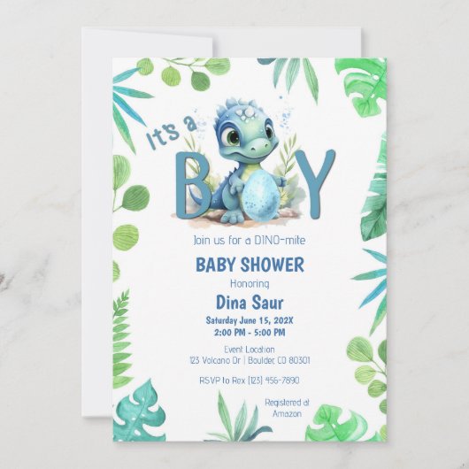 Invitation Bébé Dinosaur Oeuf Vert et Baby shower bleu (Devant)