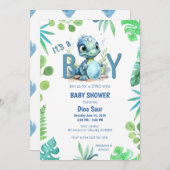 Invitation Bébé Dinosaur Oeuf Vert et Baby shower bleu (Devant / Derrière)