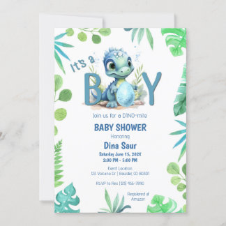 Invitation Bébé Dinosaur Oeuf Vert et Baby shower bleu