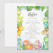 Invitation Bébé dinosaure Fête Prénatale Garçon Vert (Devant / Derrière)