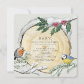 Invitation Bébé d'oiseaux en tranches de bois Il fait froid à (Devant)