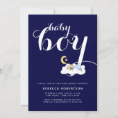 Invitation Bébé dormant douche marine bleu typographie (Devant)