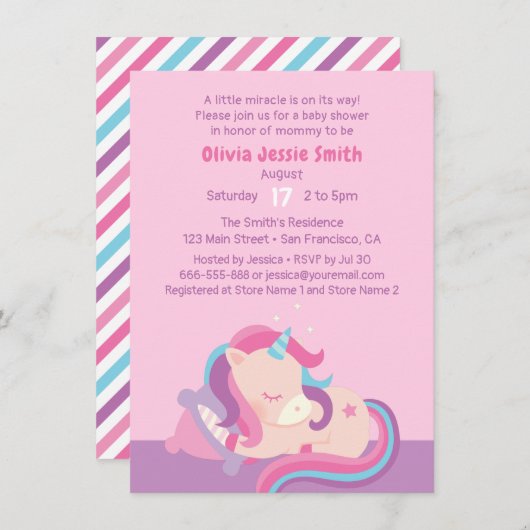 Invitation Bébé dormant mignon Baby shower Unicorn (Devant / Derrière)