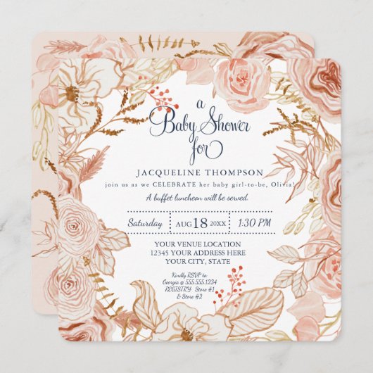 Invitation Bébé Douche à eau rose Folial (Devant / Derrière)