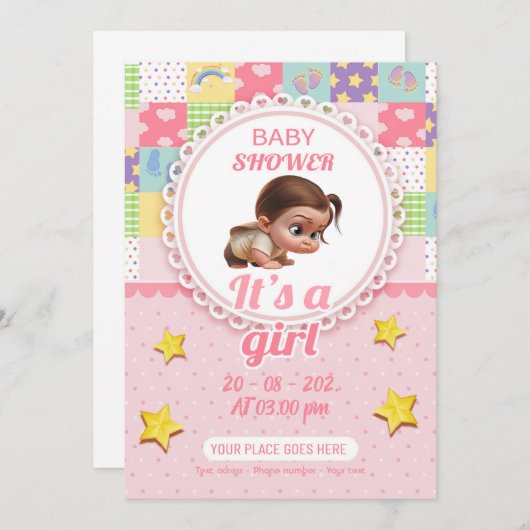 Invitation bébé douche c'est une fille ! (Devant / Derrière)