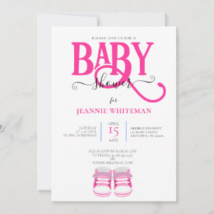 INVITATION BÉBÉ DOUCHE FILLE, BOOTIES ROSES, TYPOGRAPHIE ROSE