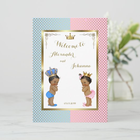 Invitation Bébé Douche JUMEAUX, bleu rose, élégant fond 5x7 (Debout devant)
