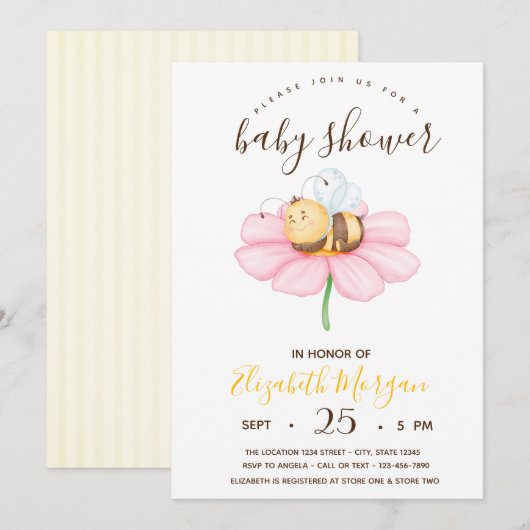 Invitation Bébé doux Bumble Bee, Baby shower de rayures (Devant / Derrière)