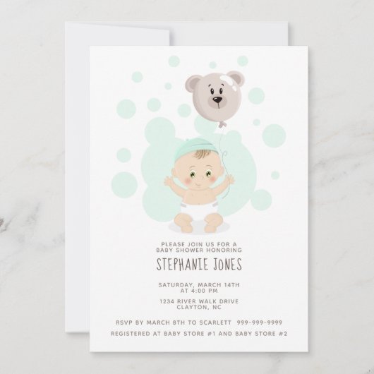 Invitation Bébé doux et ballon d'ours (Devant)