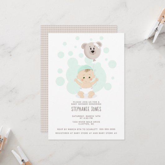 Invitation Bébé doux et ballon d'ours (Devant/Arrière en situation)