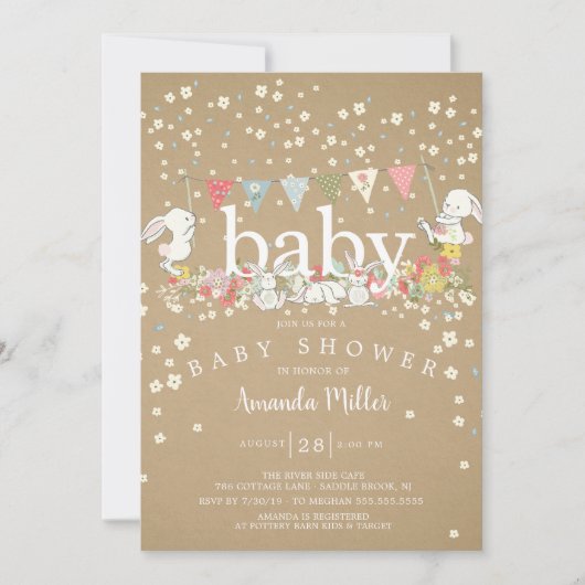 Invitation Bébé doux lapins Baby shower neutre (Devant)