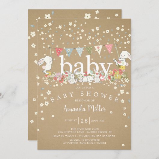 Invitation Bébé doux lapins Baby shower neutre (Devant / Derrière)