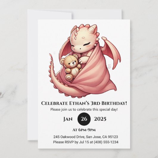 Invitation Bébé Dragon Dormant avec Anniversaire de Teddy (Devant)