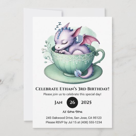 Invitation Bébé Dragon Endormi dans une Théière pour Annivers (Devant)