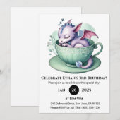 Invitation Bébé Dragon Endormi dans une Théière pour Annivers (Devant / Derrière)