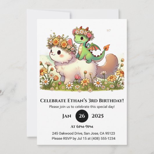 Invitation Bébé Dragon et Chat Fluffy dans Fleur Anniversaire (Devant)