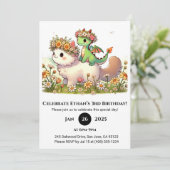Invitation Bébé Dragon et Chat Fluffy dans Fleur Anniversaire (Debout devant)