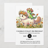 Invitation Bébé Dragon et Chat Fluffy dans Fleur Anniversaire (Devant / Derrière)