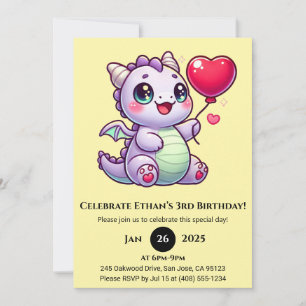 Invitation Bébé dragon lilas avec ballon en forme de cœur pou