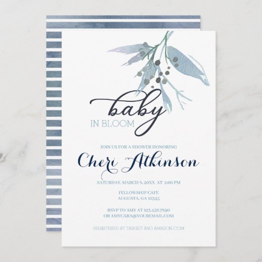 Invitation Bébé Dusty Bleu Bébé Dans Douche Fleurie (Devant / Derrière)