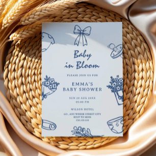 Invitation Bébé écrit à la main en fleurs, douces tons bleus