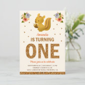 Invitation Bébé Écureuil Filles Bois Floral Premier anniversa (Debout devant)