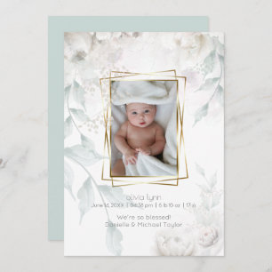 Invitation Bébé   Elégant Albâtre Peonies blanches