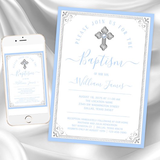 Invitation Bébé élégant Bleu Argent Garçon Baptême