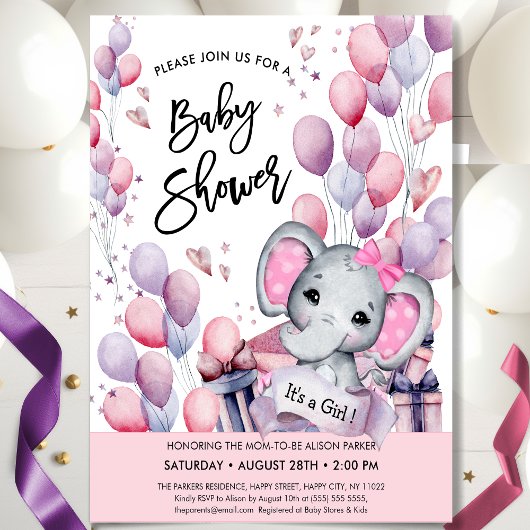 Invitation Bébé Eléphant Ballons rose Étoiles Baby shower