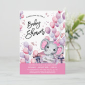 Invitation Bébé Eléphant Ballons roses Baby shower doux (Debout devant)