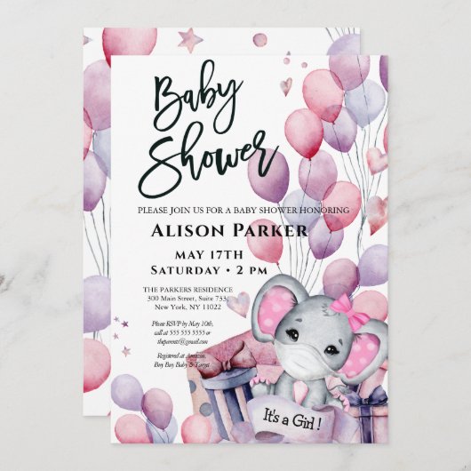 Invitation Bébé Eléphant Ballons roses mignonette Baby shower (Devant / Derrière)