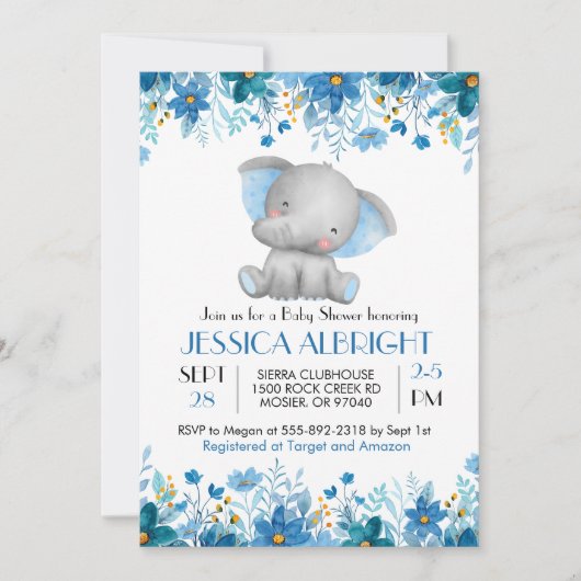 Invitation Bébé éléphant bleu Baby Shower Sprinkle (Devant)