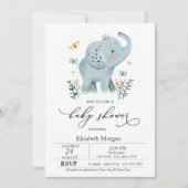 Invitation Bébé éléphant bleu papillon points Baby Shower (Devant)