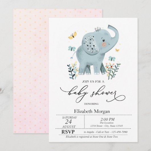 Invitation Bébé éléphant bleu papillon points Baby Shower (Devant / Derrière)