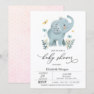 Invitation Bébé éléphant bleu papillon points Baby Shower