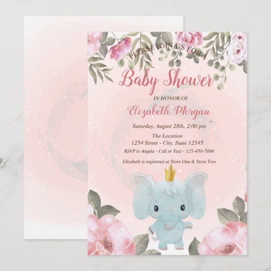 Invitation Bébé Eléphant Couronne Floral Baby shower Invitati (Devant / Derrière)