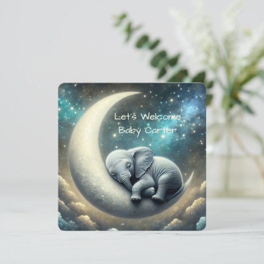 Invitation Bébé Eléphant Dormir Sur Crescent Moon (Debout devant)