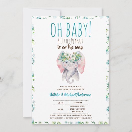 Invitation Bébé Eléphant Douche Invitation, Boho Floral (Devant)