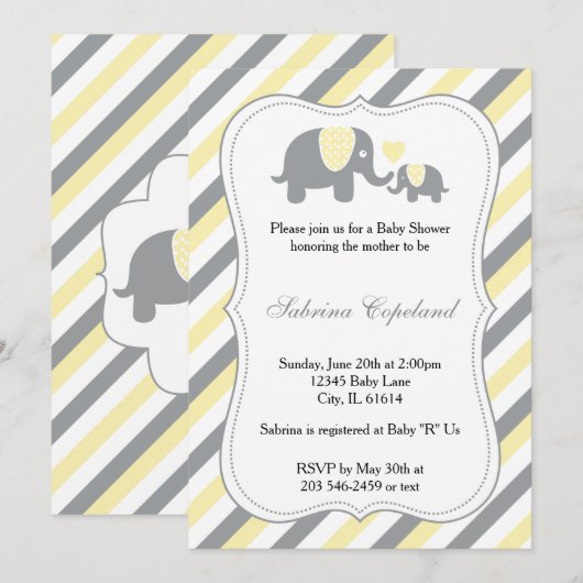 Invitation Bébé Eléphant Jaune & Gris Gris | BABY SHOWER (Devant / Derrière)