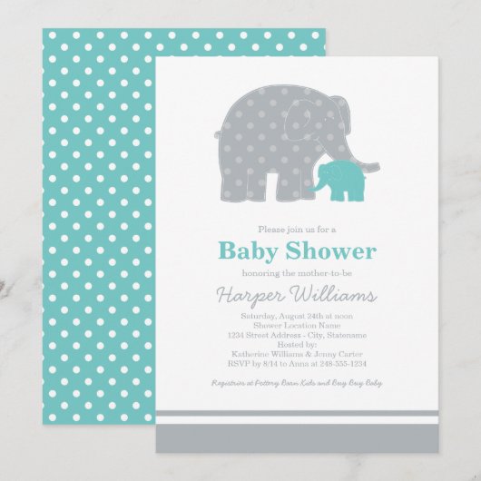 Invitation Bébé Éléphant Mère Bleu Gris Baby Shower (Devant / Derrière)