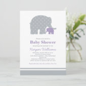 Invitation Bébé Éléphant Mère Violet Gris Baby Shower (Debout devant)